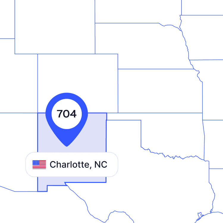 US map of 704 area code phone numbers and its coverage region