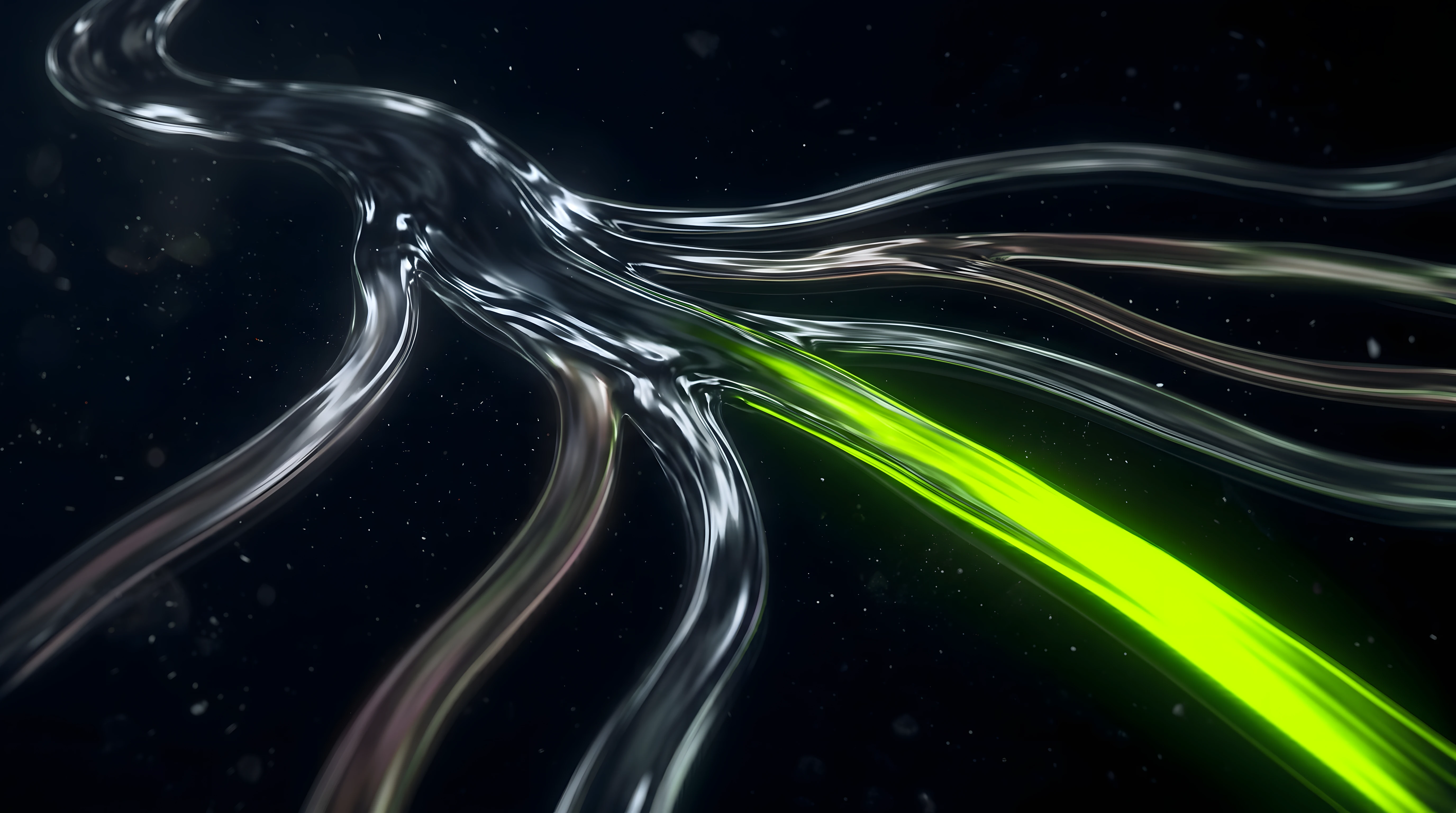 Bioluminescent Noir abstract: a flowing dark current splitting into seven branches at different speeds, with one branch glowing toxic lime to suggest the prioritized stream of the quarter, liquid chrome reflections on the dark surface.