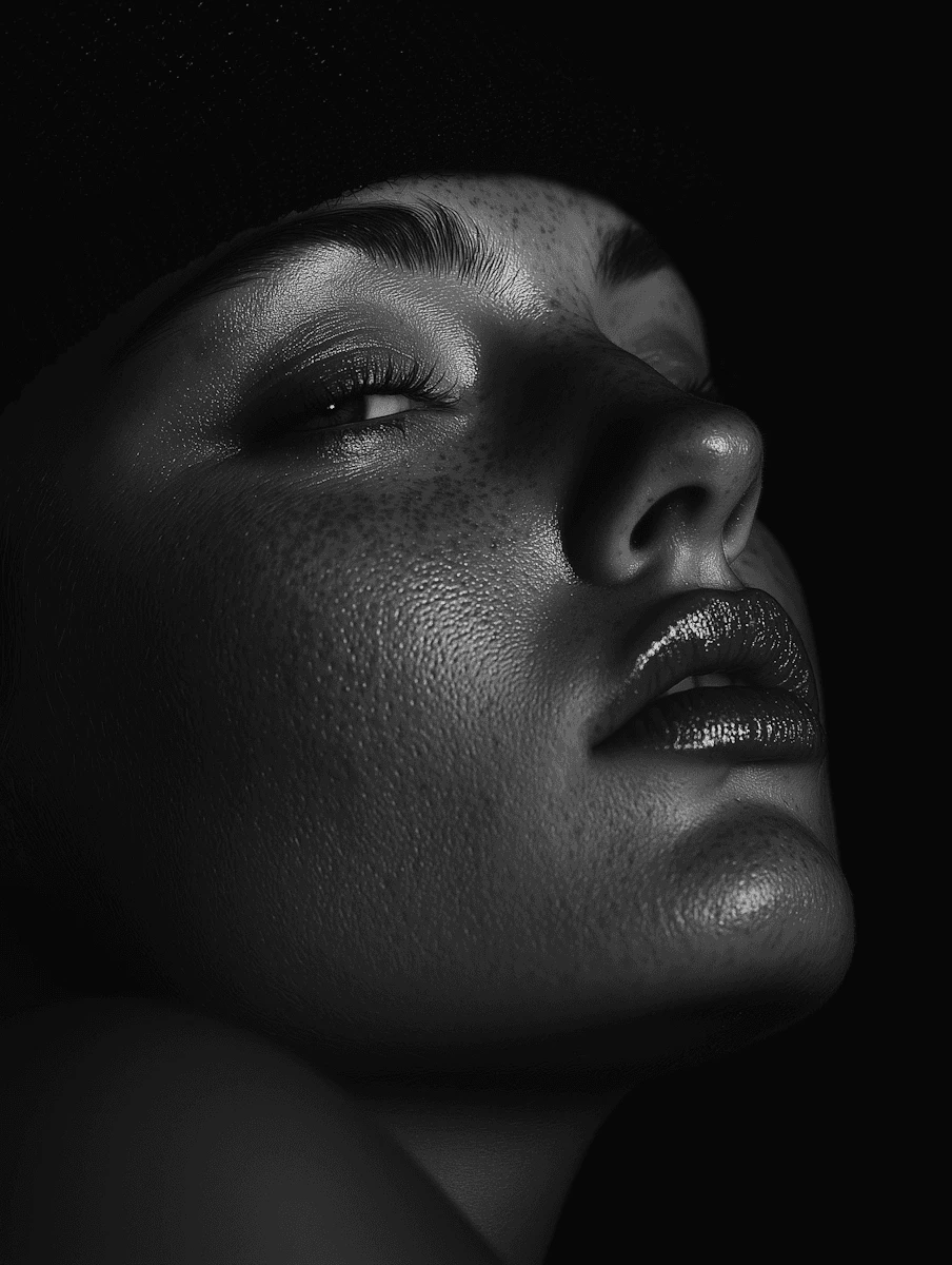 Dramatic close-up black and white portrait of a person’s face, highlighting freckles and soft light on the lips and nose.