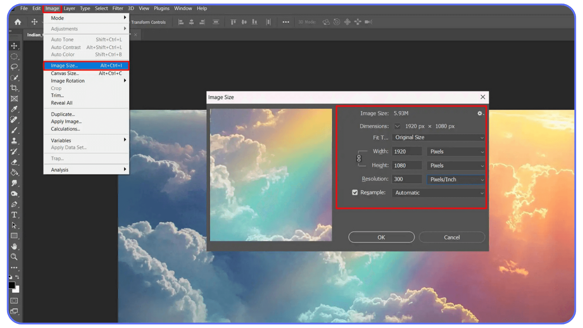 Photoshop window showing the Image Size dialog box with pixel dimensions and resolution settings highlighted, used to adjust image quality and size.