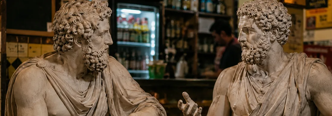 Duas estátuas de estilo clássico em mármore posicionadas de frente uma para a outra como se estivessem conversando em um bar.