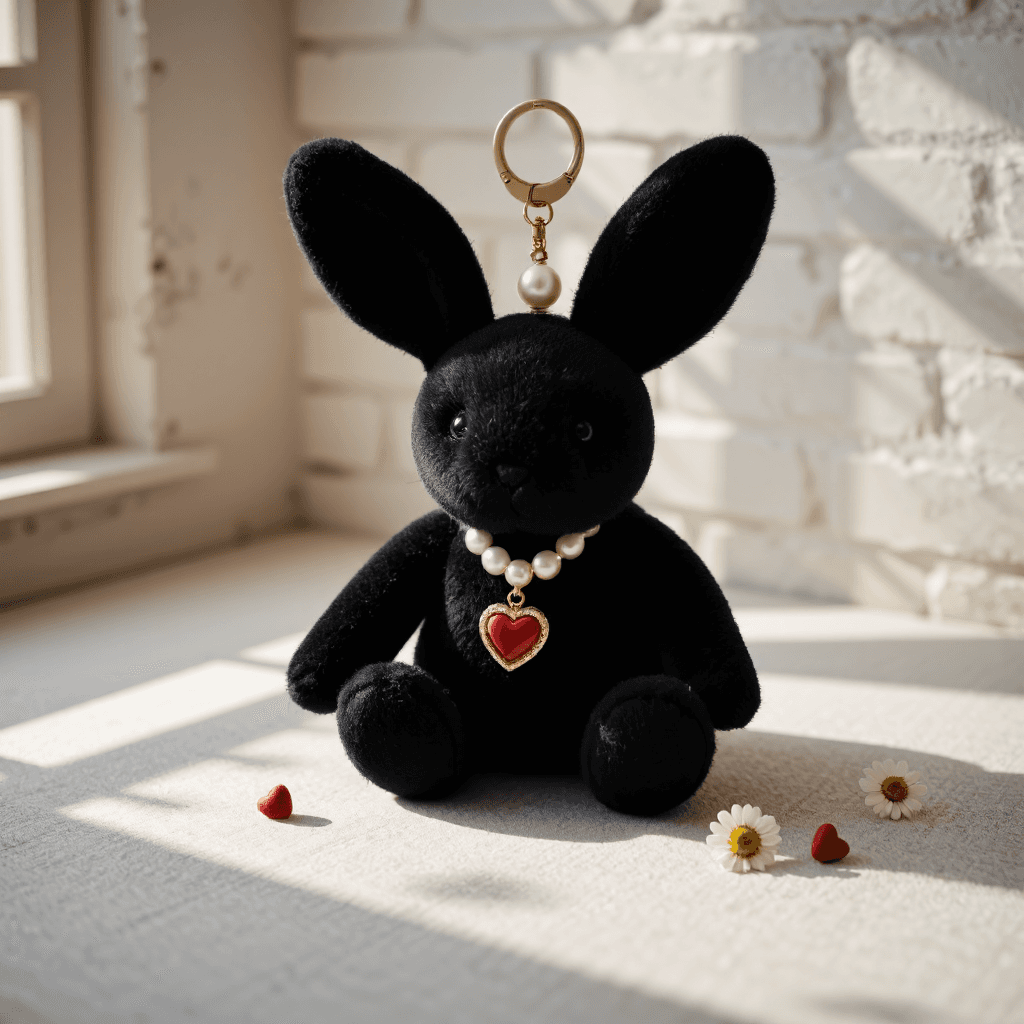 product photography of a plush keychain of a black bunny