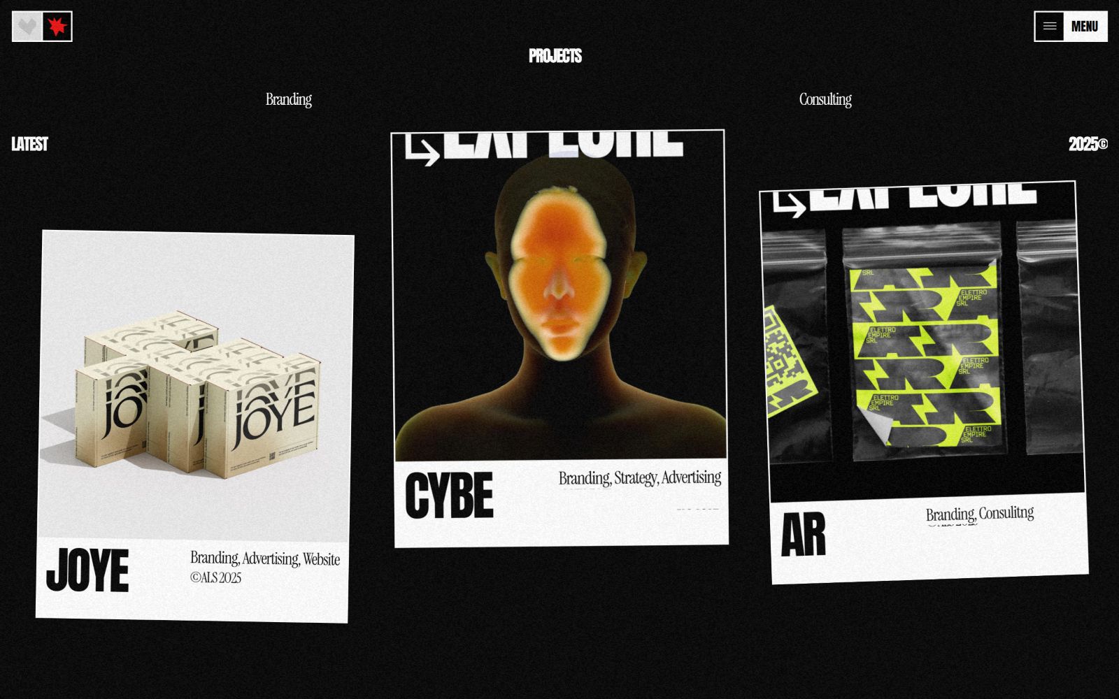 Black and white website with three project panels: "JOYE" featuring packaging; "CYBE" with an abstract face; "AR" showcasing neon arrows.