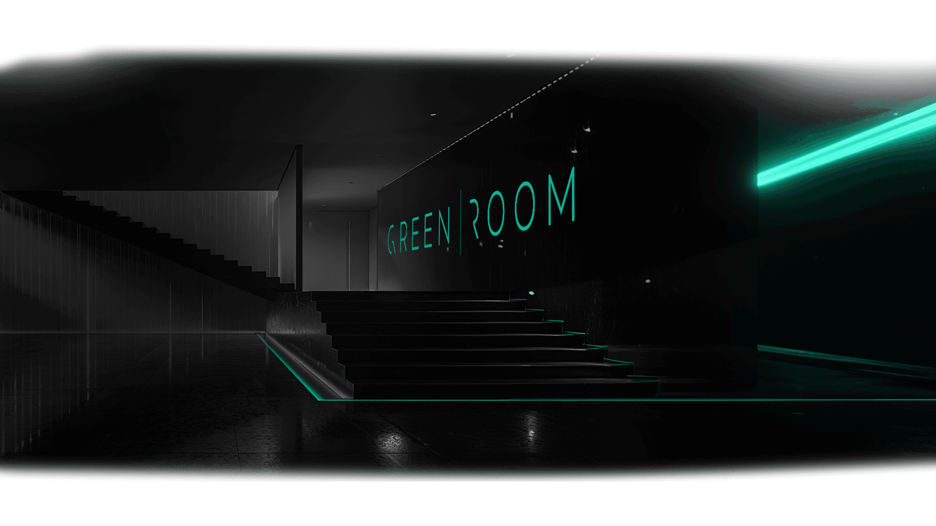 Minimalist black room with glowing turquoise lights and 'Green Room' sign on the wall.