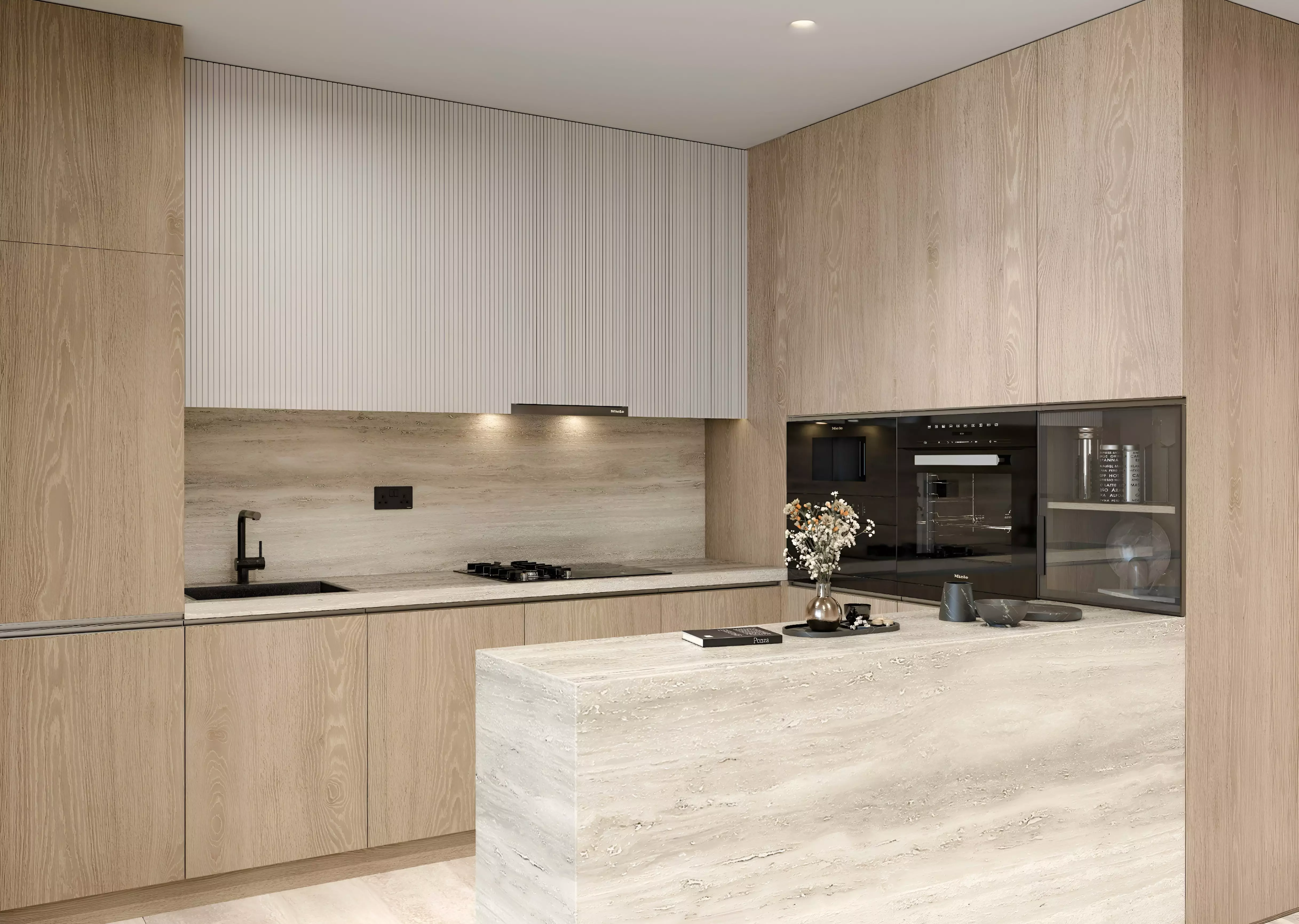 A chic kitchen with a large expansive painting, promoting comfort and calm at Repose Residence.