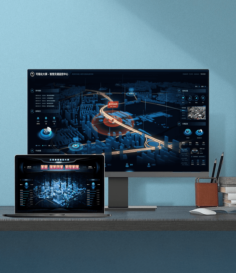 天资设计 - 百度无人驾驶管理数据可视化大屏 UI 概念图 - 数据模块布局合理呈现车辆运行关键信息与路况态势