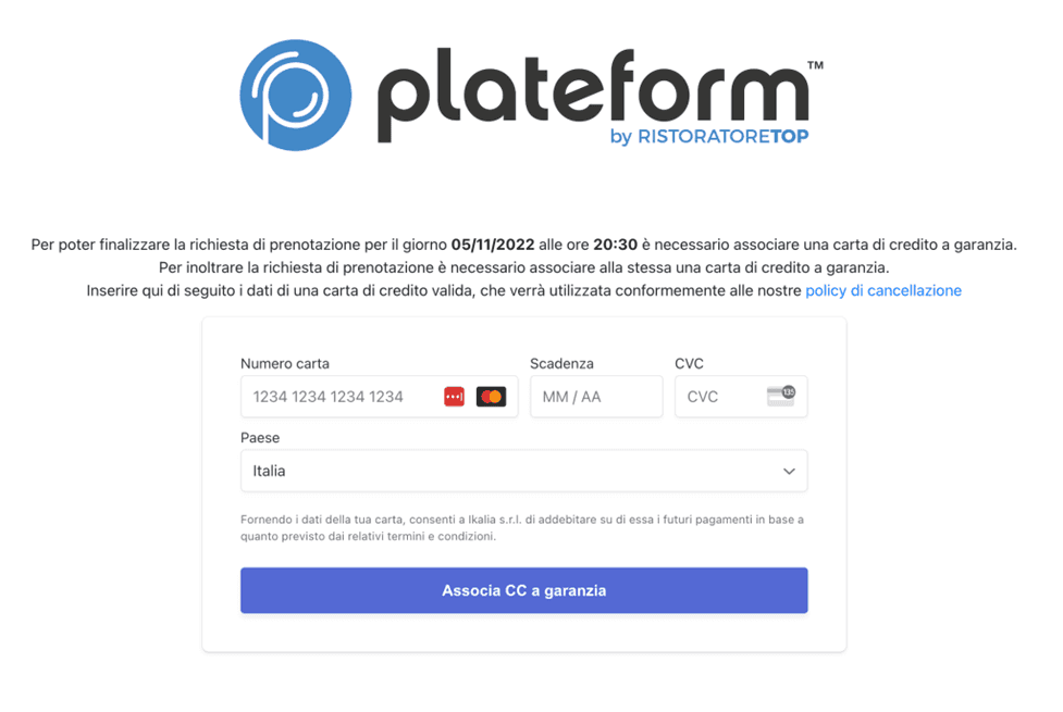 Carta di credito a garanzia prenotazioni Plateform