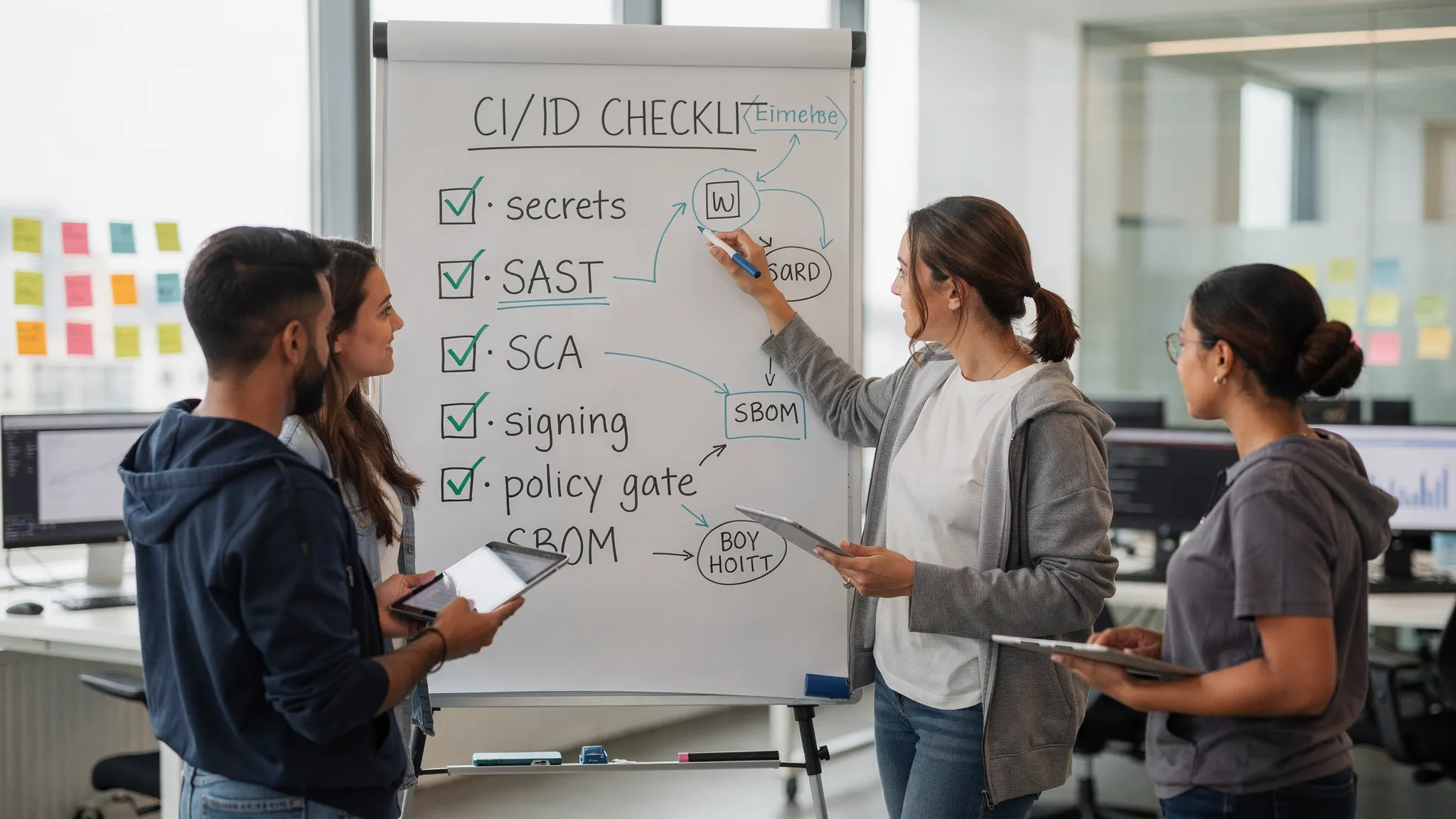 Mérnökök egy whiteboard előtt CI/CD ellenőrzőlistát egyeztetnek; a táblán rövid elemek: secrets, SAST, SCA, signing, SBOM, policy gate. A környezet irodai, technikai jellegű.