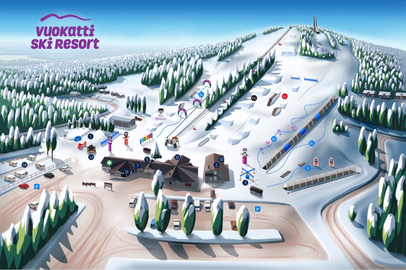Illustrated ski resort overview map with lifts, slopes, service buildings, and forested areas designed for visitors.