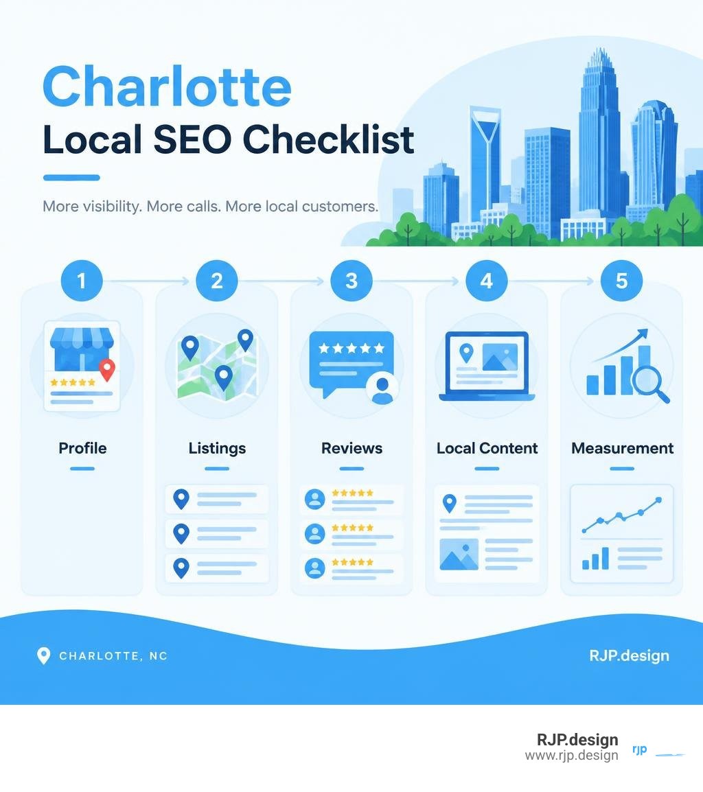 Charlotte local SEO checklist: profile, listings, reviews, local content, and measurement infographic