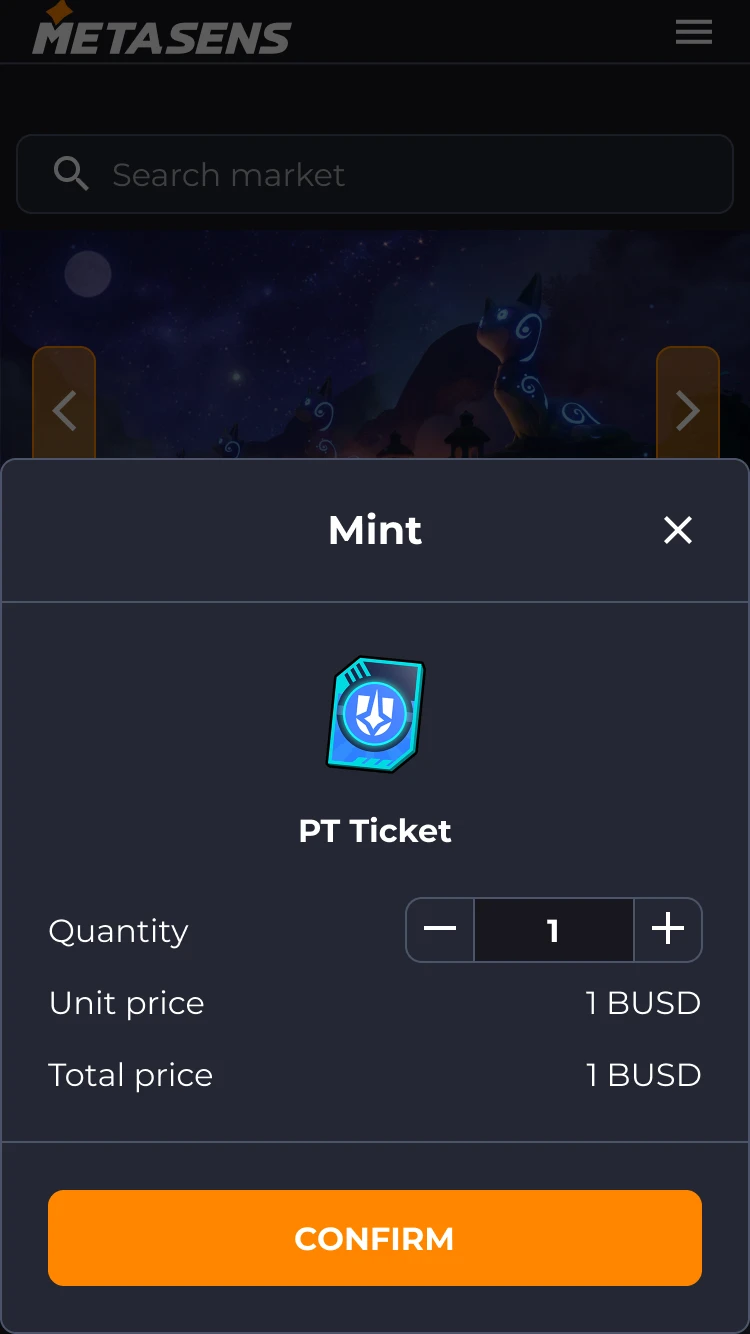 Metasens mint modal for PT Ticket showing quantity selector, unit price 1 BUSD, and confirm button