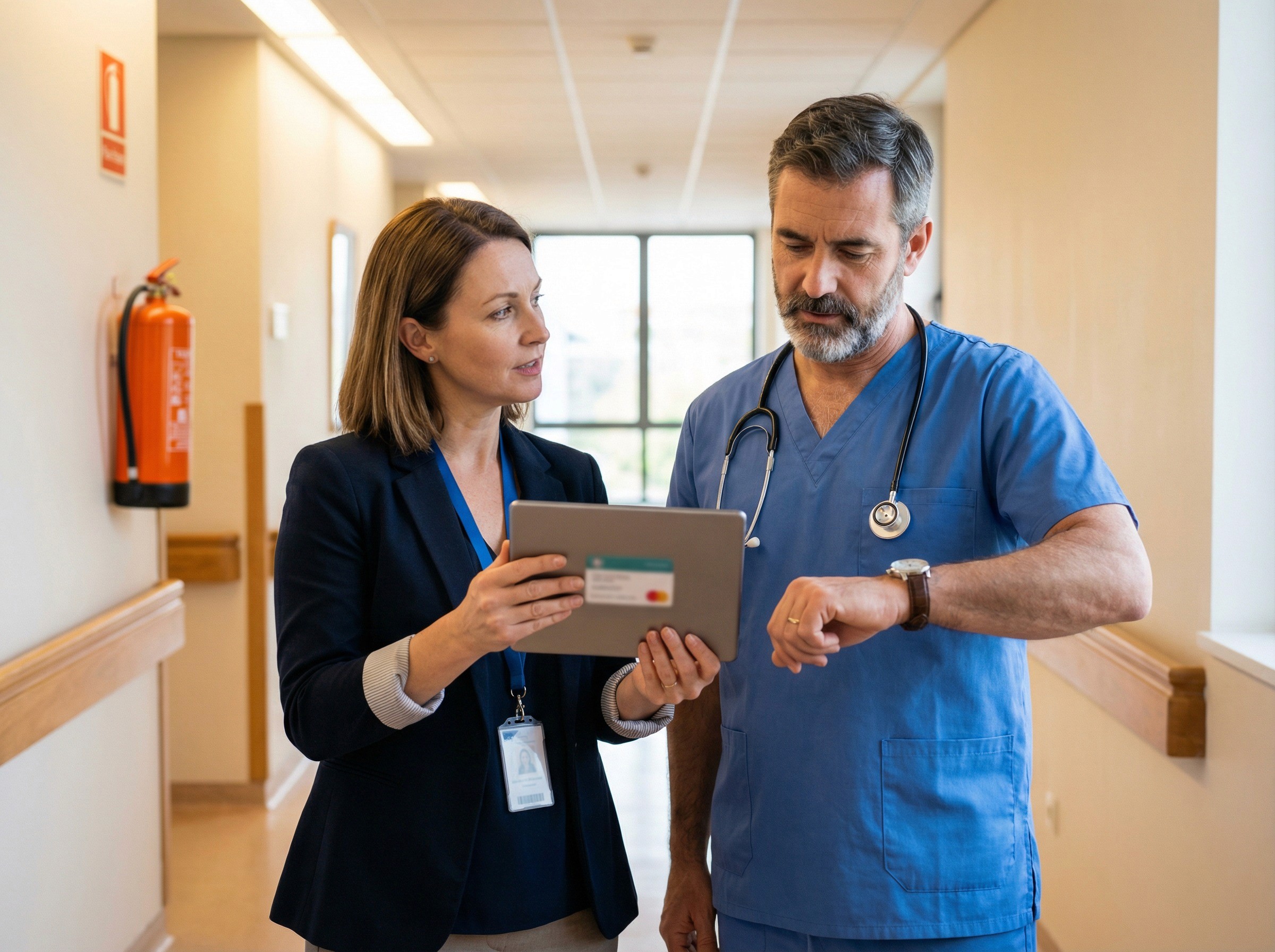 A brief, standing conversation in a wide corridor of a healthcare facility between a WHS manager in her mid-40s and a department head in his late 40s. She has a tablet in one hand and is showing him something on it — a task or action item — while he nods and checks his watch, not impatiently but practically, as though confirming he has time for what she is asking.