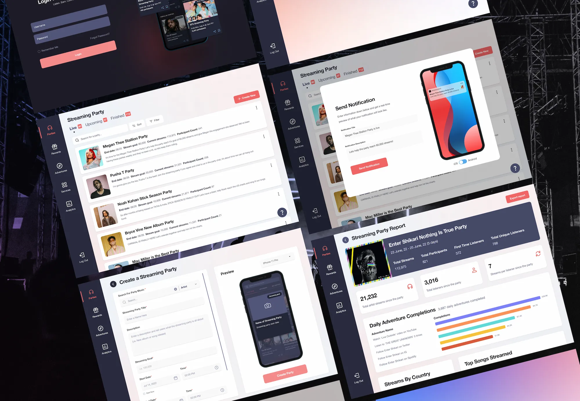 Multiple dashboard screens including party preview and streaming party overview screen