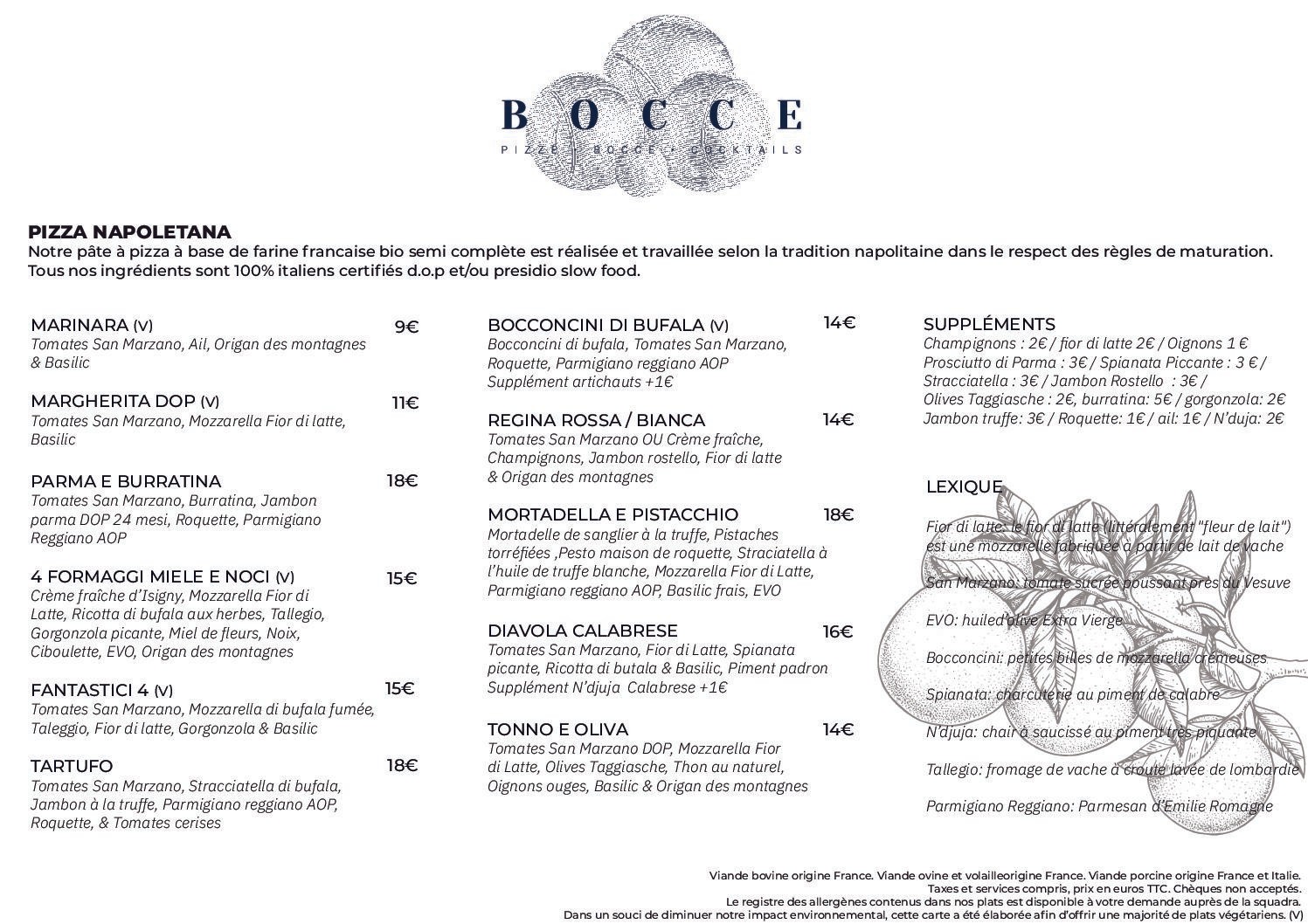 Carte du restaurant Latresne Menu verso — Bocce