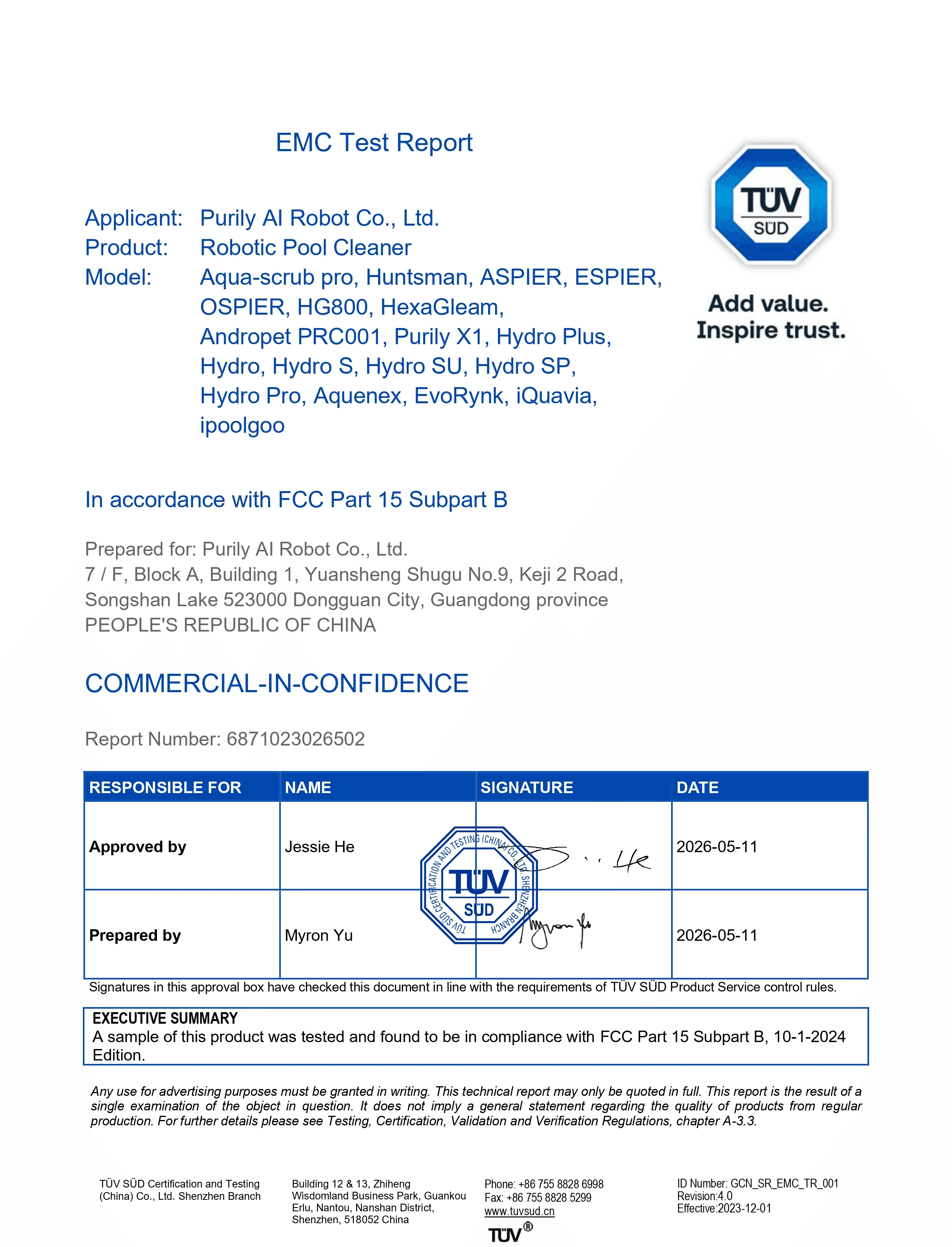 cTUVus certified PURILY robotic pool cleaner safety report