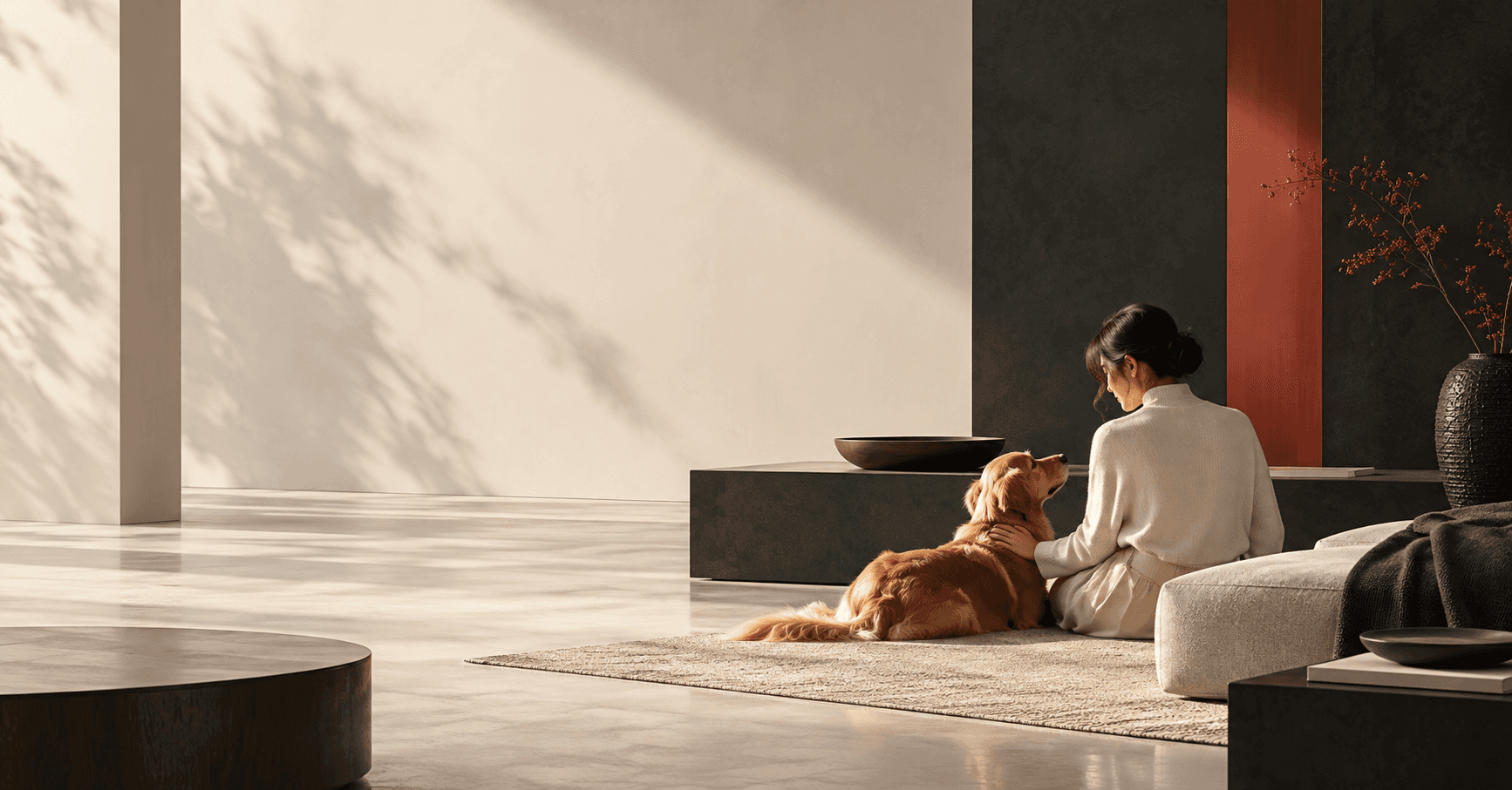 A woman sharing a quiet moment with her golden retriever in a contemporary home