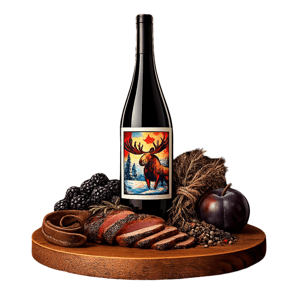 Artistic label and flavor profile for Canadian Baco Noir on a rustic wooden table.