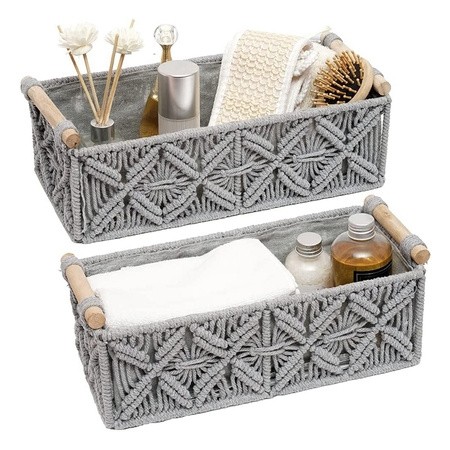 Handcrafted macrame bathroom organizer basket set with wooden handles