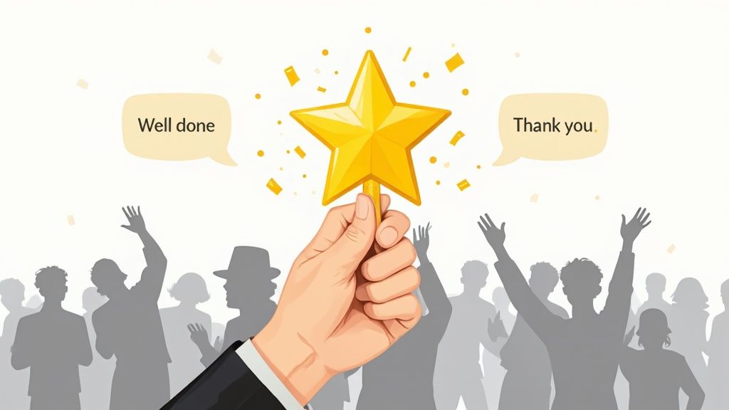 A team celebrating a colleague's success with applause and smiles in a bright, modern office.
