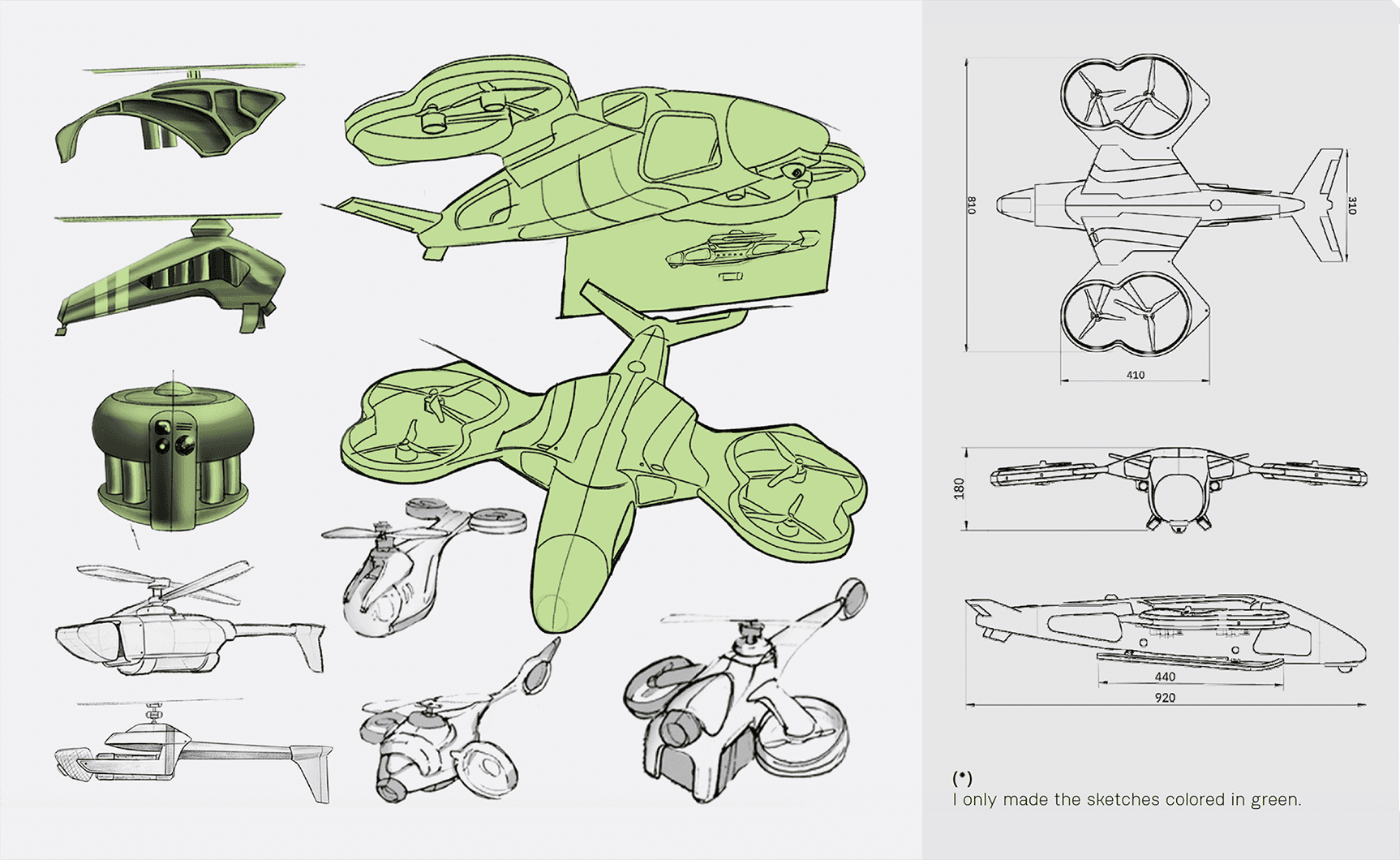 Design ideation for the firefighting drone project, showing various conceptual sketches alongside detailed engineering drawings for the final product.