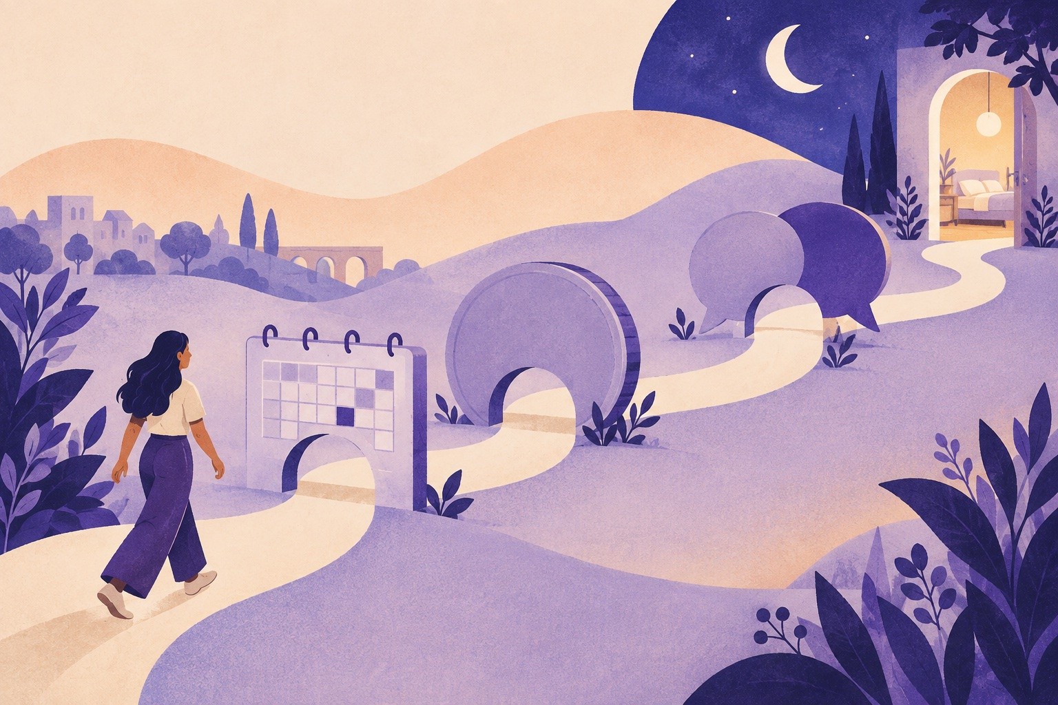 A woman walks along a winding path through a lavender landscape, passing a calendar, a clock and speech bubbles, toward a lit doorway with a bed under a crescent moon.
