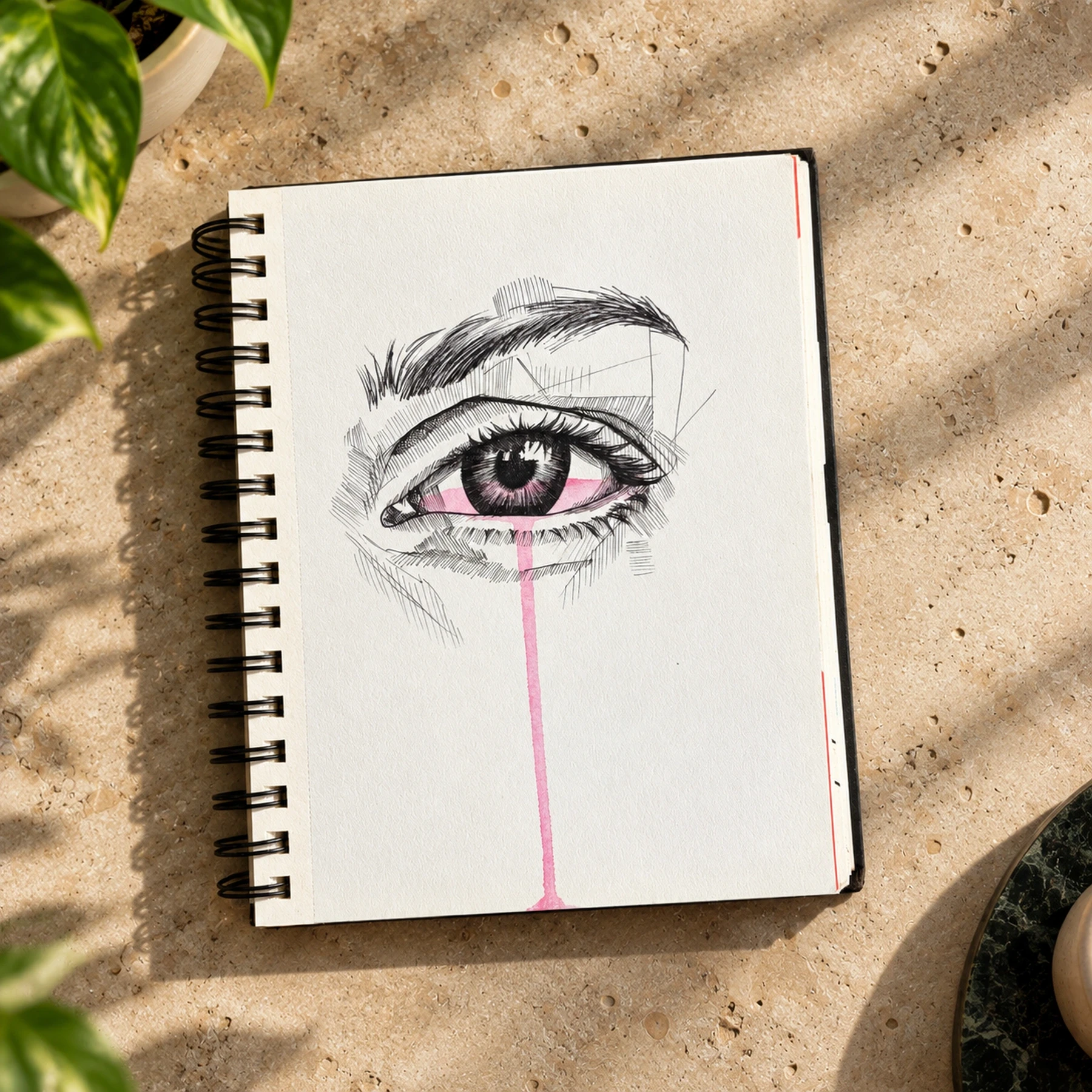 Detailed eye drawing with a pink line extending downward.