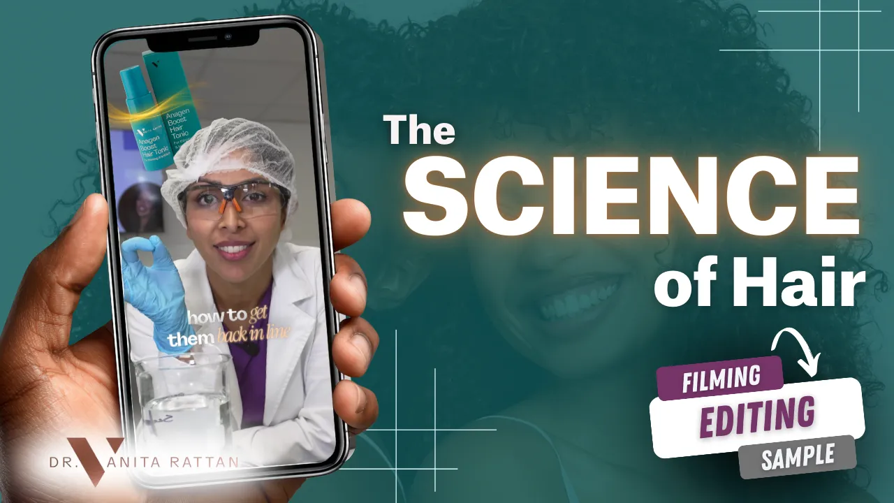 High quality promotional video production for a hair treatment brand, featuring on camera expert presentation and polished visuals.