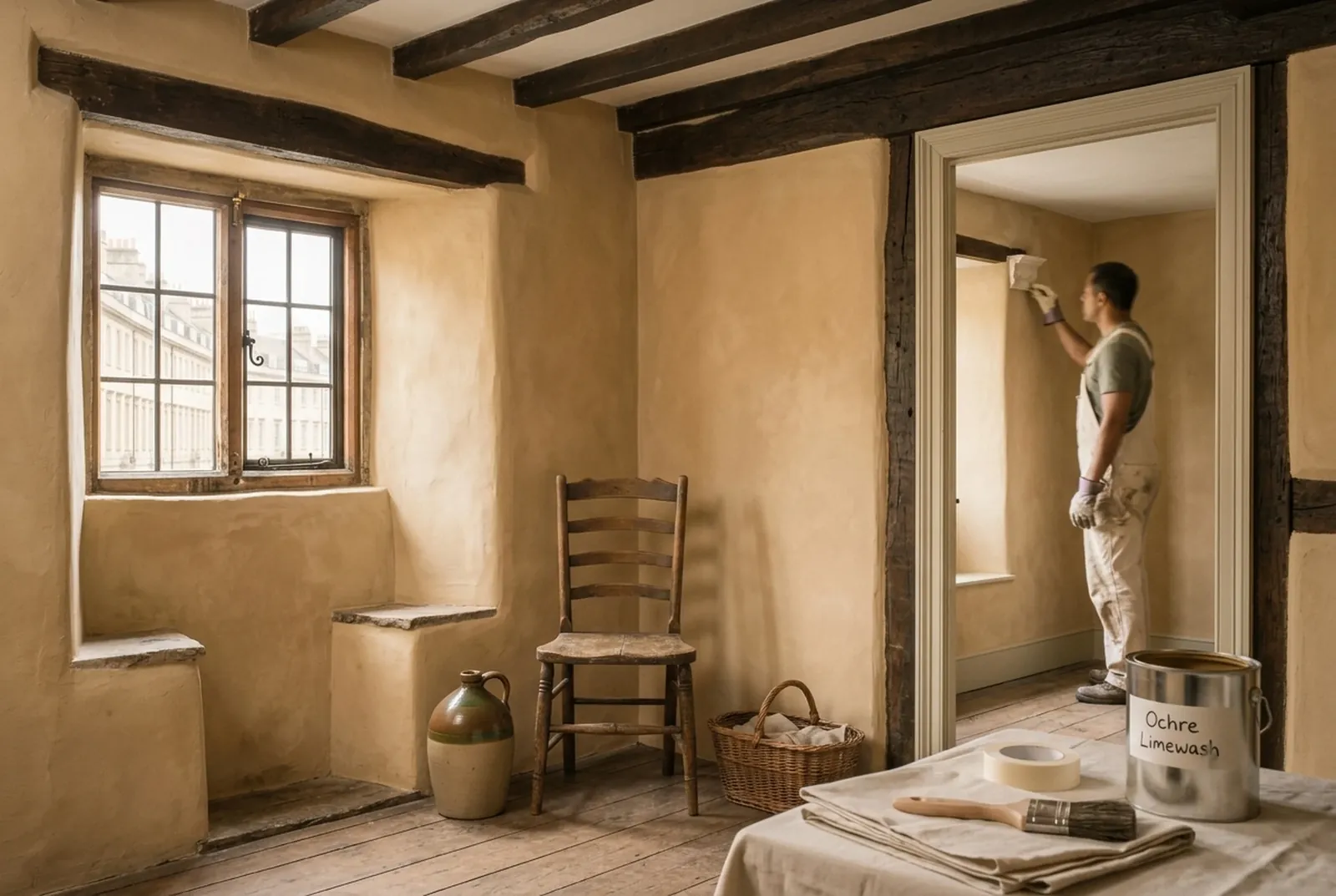 A 17th-century cottage room in warm ochre limewash with dark oak beams, a decorator at work