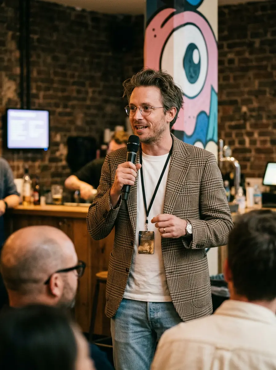 Speaker in a plaid blazer holds a microphone at a networking event