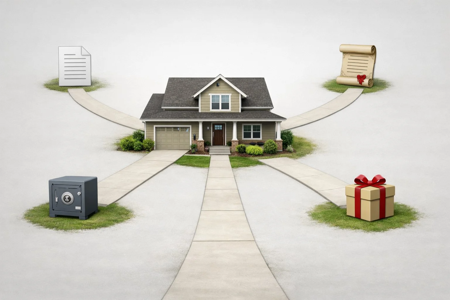 Diagram showing a central house with pathways branching outward, each marked by icons such as a document, trust box, deed, and gift symbol.