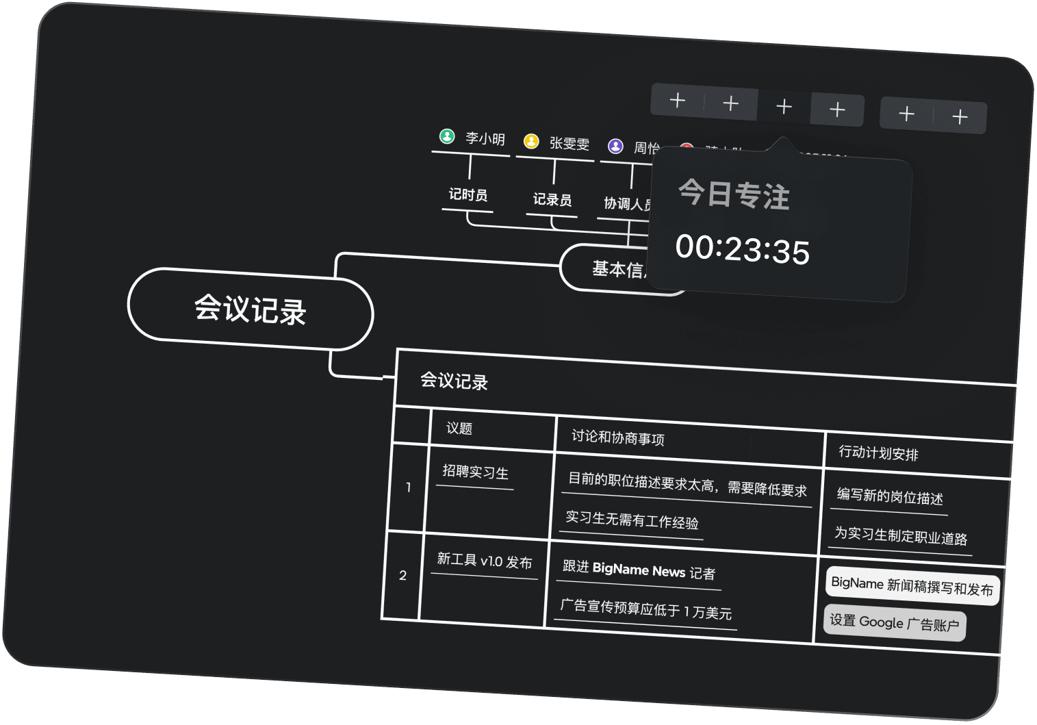 Meeting notes outlining hiring new interns and launching NewTool 1.0, with discussions, agreements, and action items listed in a table format.