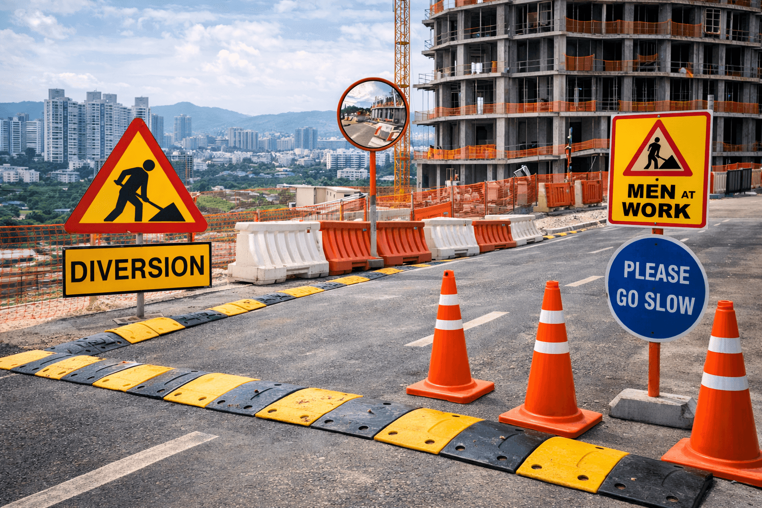 Road safety products installed at construction site in Pune