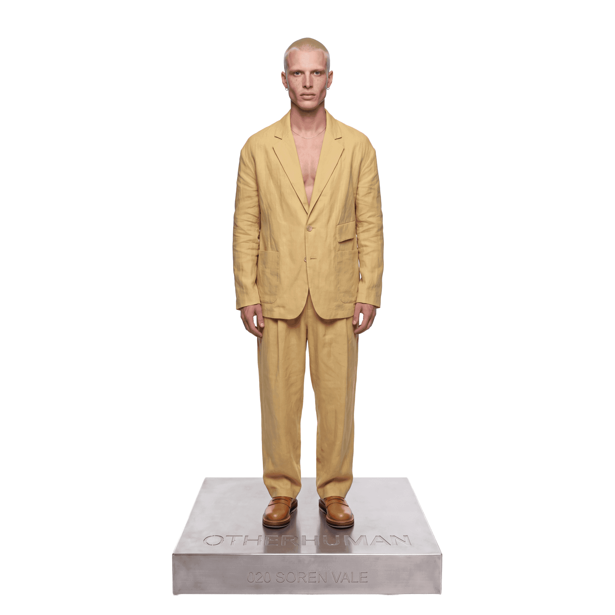 Soren Vale, AI fashion model by OtherHuman, full-length look.