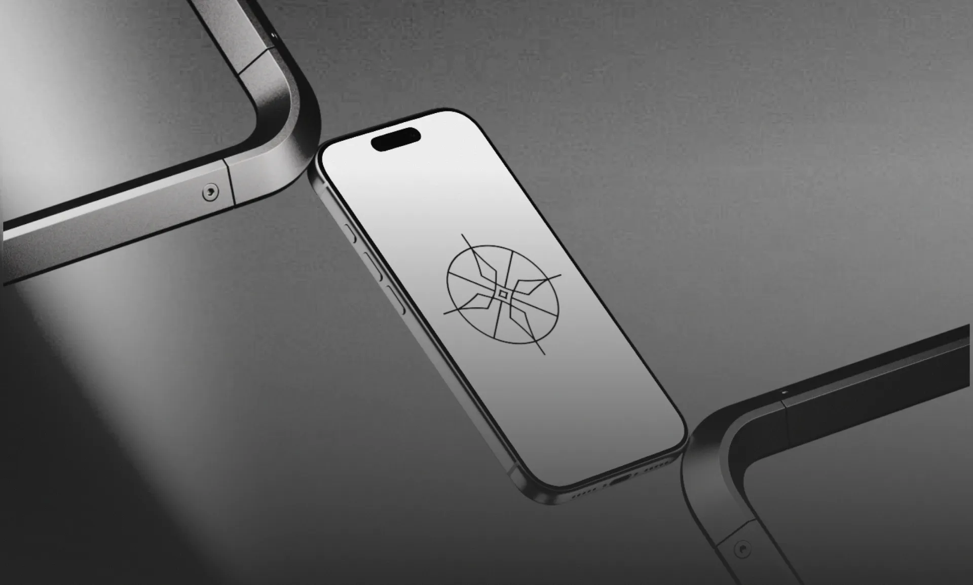 Modern architectural workspace with large floor-to-ceiling windows, surrounded by trees, and desks filled with design materials and books. Two blurred figures are walking through the space.