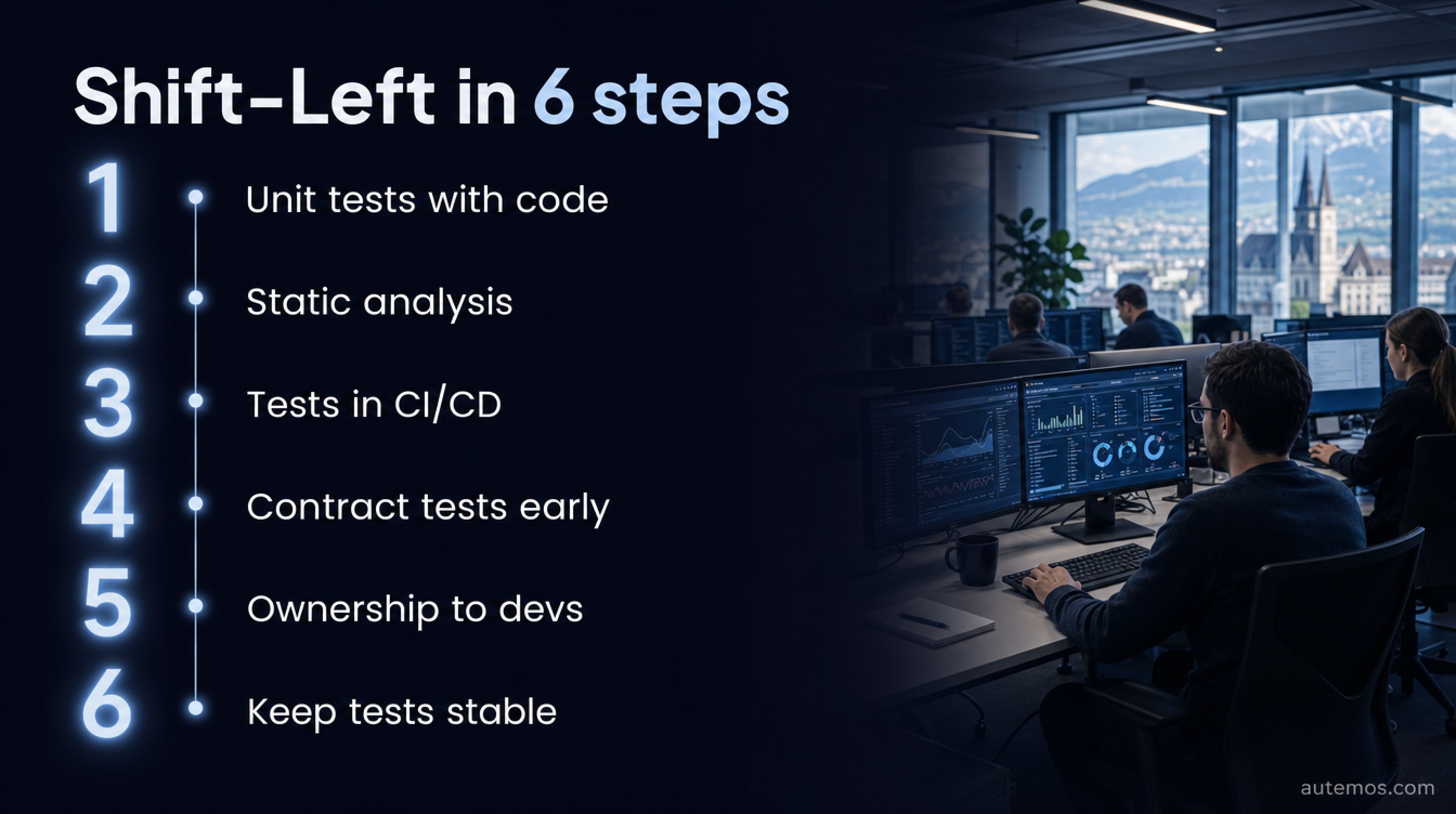 Numbered list of the six shift-left steps from unit tests with the code to keeping tests stable.