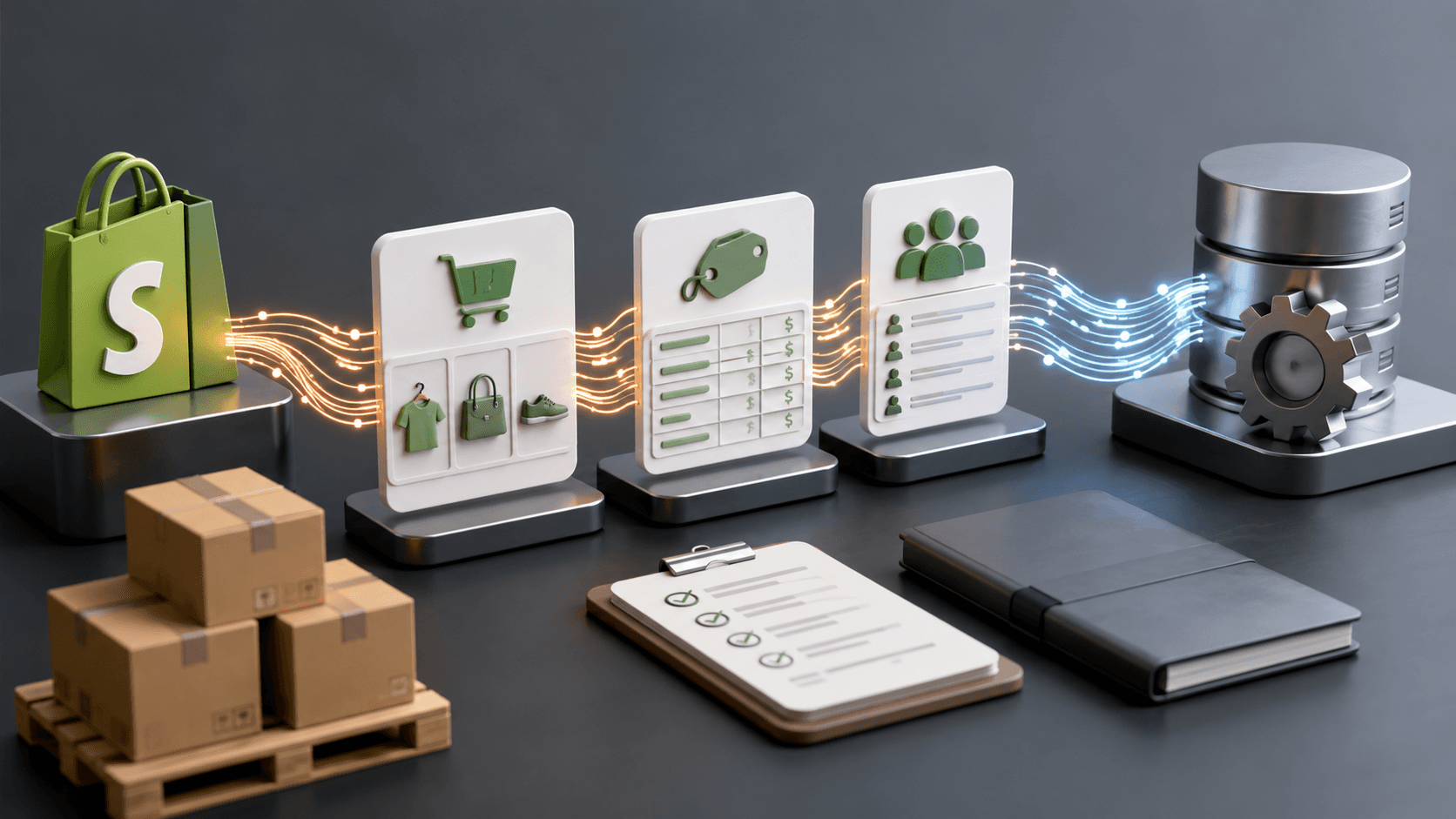 Ilustração 3D realista mostrando um processo de migração de e-commerce B2B. À esquerda, uma referência visual de uma loja online conectada a painéis flutuantes de catálogo de produtos, tabelas de preços e lista de clientes. Fluxos de dados luminosos conectam esses elementos até um sistema ERP representado por servidores metálicos e engrenagens à direita. Sobre uma mesa moderna há caixas de envio, checklist e notebook fechado, transmitindo organização e execução técnica. Ambiente corporativo minimalista, iluminação suave, sem pessoas e sem textos.