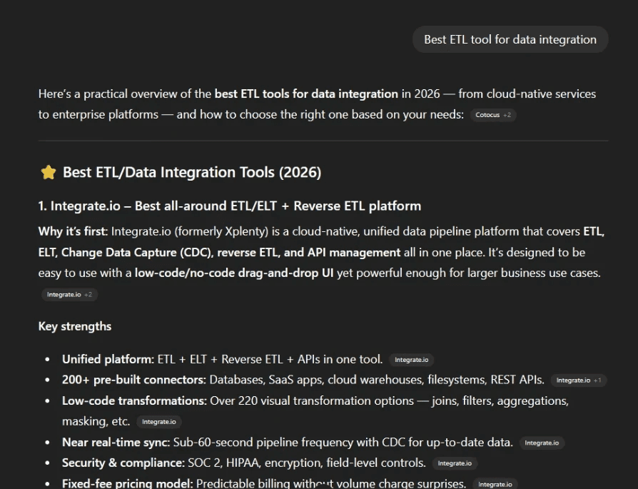 AI search optimization case study showing Integrate.io cited as a data integration solution across ChatGPT, Claude, and Google AI Mode