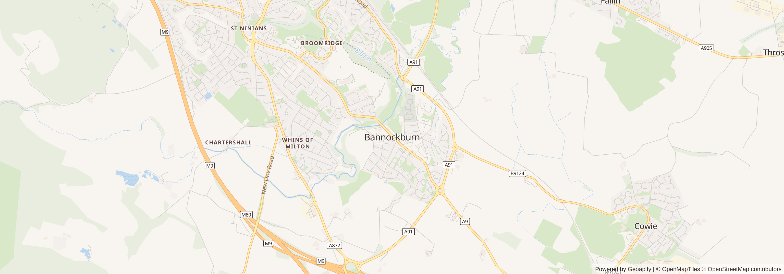Street map of Bannockburn, Stirling showing main roads and nearby areas