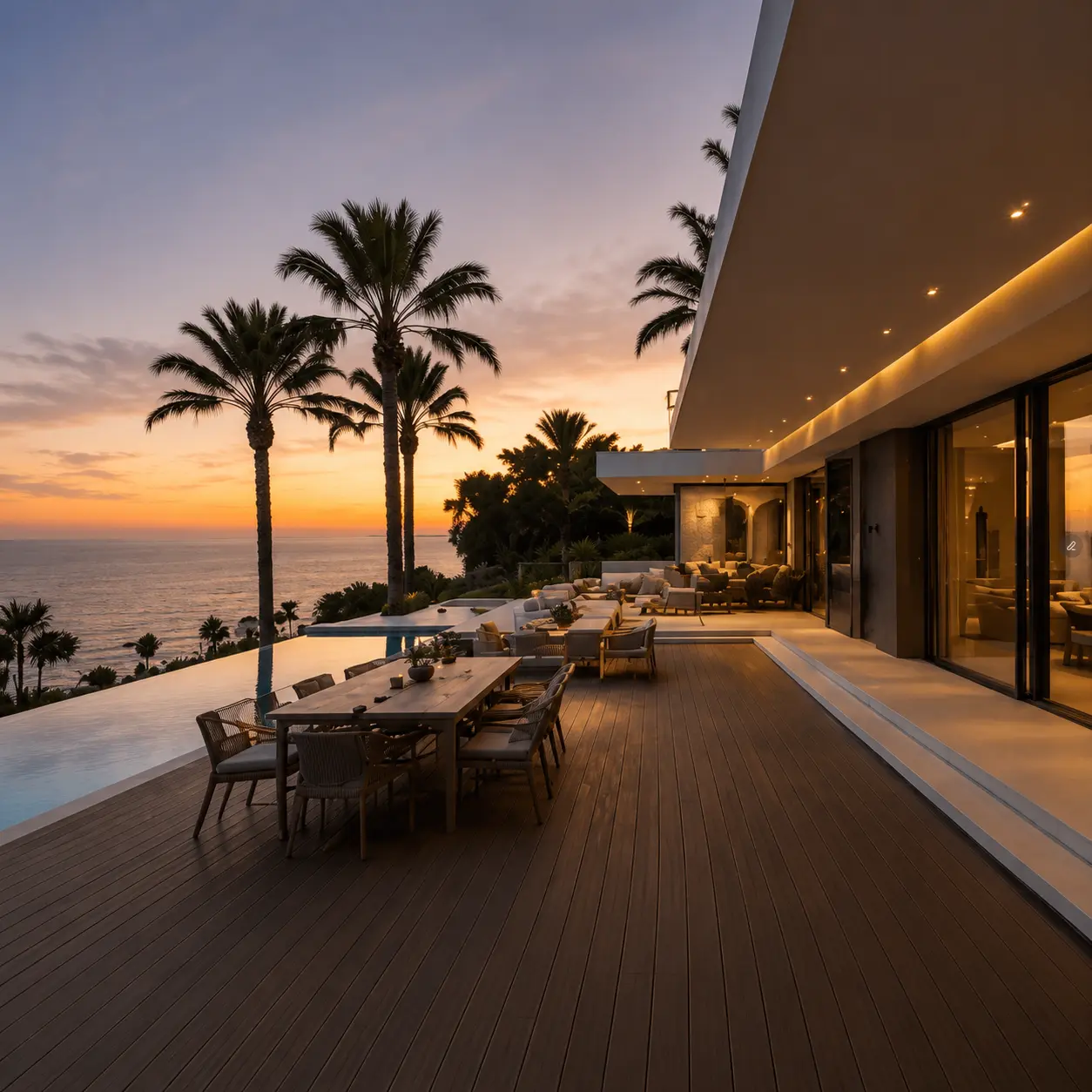 Villa contemporaine en bord de mer avec piscine à débordement et espaces extérieurs au coucher du soleil, capturée pour le marketing immobilier haut de gamme.