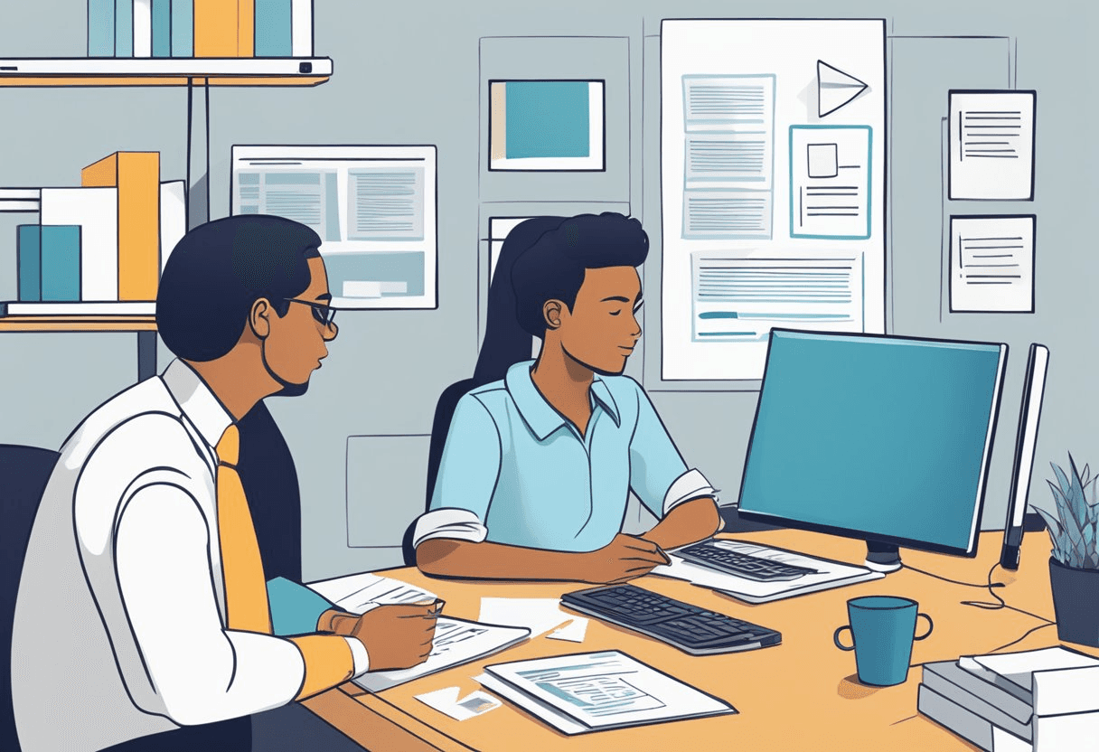 A recruiter sitting at a desk, reviewing interview feedback forms and jotting down notes. A computer screen displays a list of practical strategies for effective communication