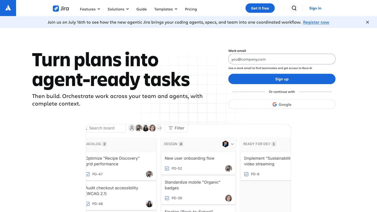 Jira homepage with the turn plans into agent-ready tasks hero