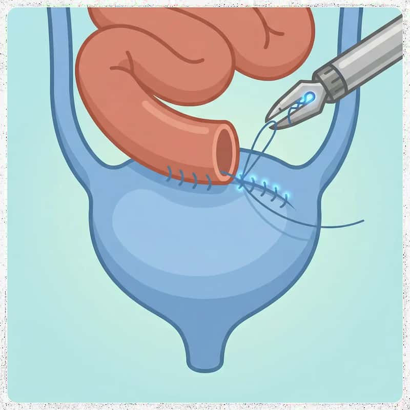 Bladder Cancer Icon Vector schematic दिखा रहा है ब्लैडर कैंसर reconstruction. एक robotic instrument सटीकता से आंत के segment को urinary tract से सिलता है, जो Intracorporeal Urinary Diversion (शरीर के अंदर पेशाब का मार्ग परिवर्तित करने की प्रक्रिया) का प्रतीक है, अंतिम ब्लैडर कैंसर treatment के लिए।