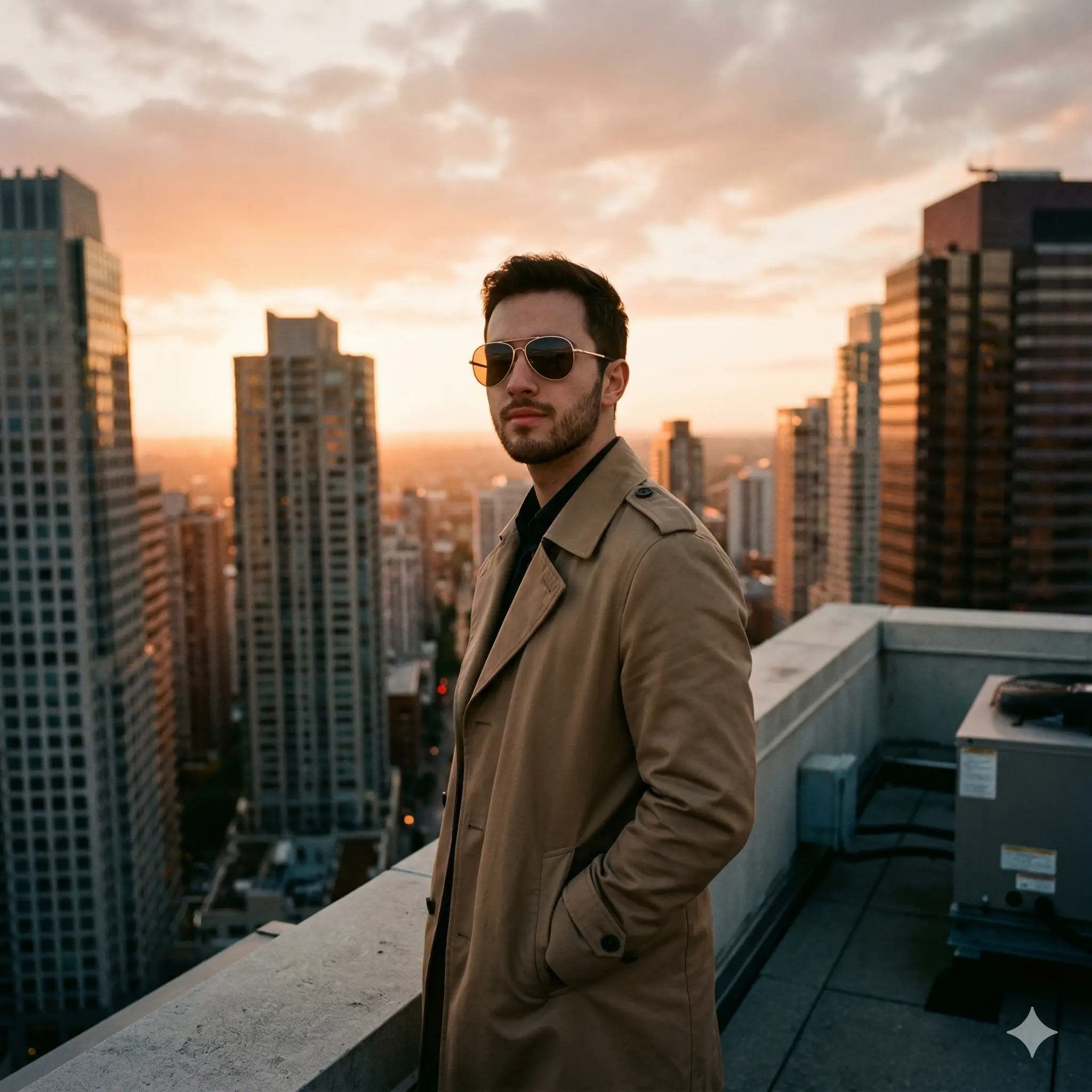 AI-generated image of a man wearing sunglasses and a tan trench coat standing on a city rooftop overlooking a skyline of high-rise buildings at sunset. Created for the AI image generation portfolio of Mahendra R.