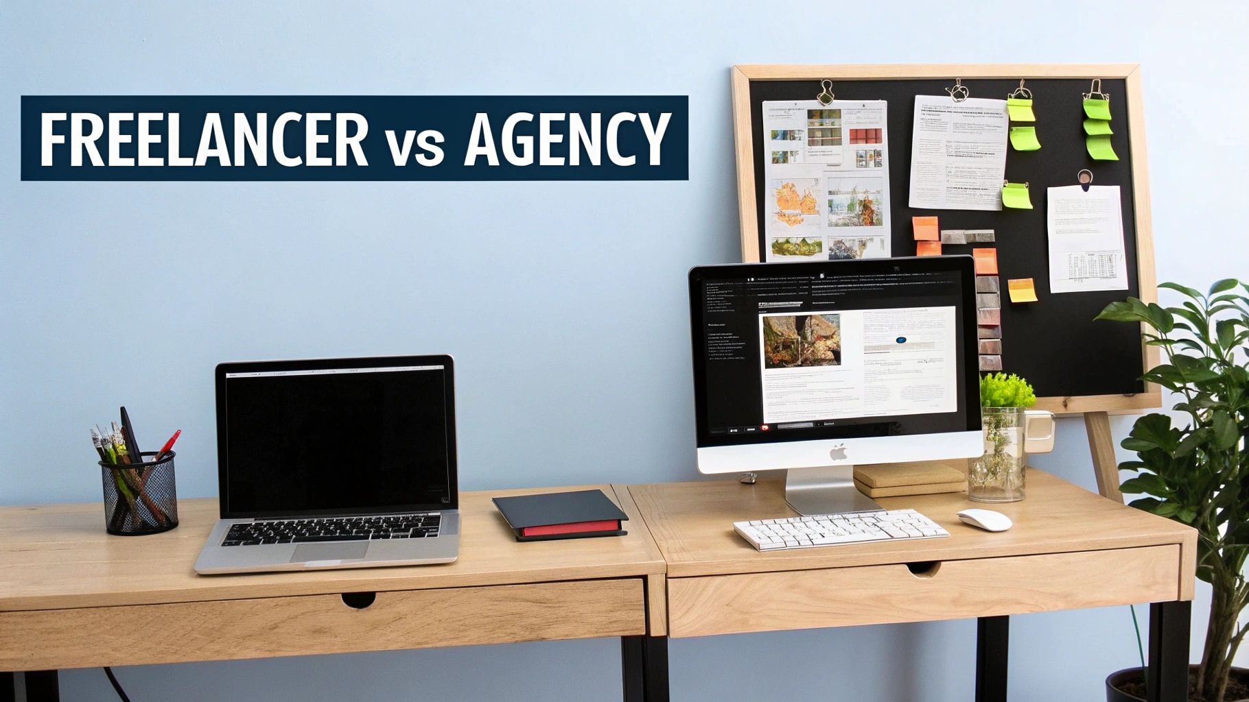 Modern workspace comparing freelancer versus agency with dual computer setup and organized task board