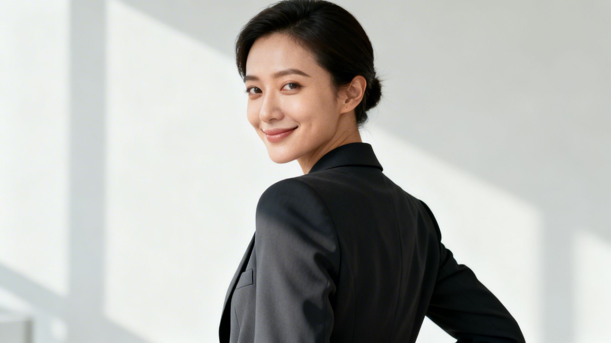 Porträt einer lächelnden asiatischen Geschäftsfrau in einem schwarzen Anzug, die über die Schulter blickt.