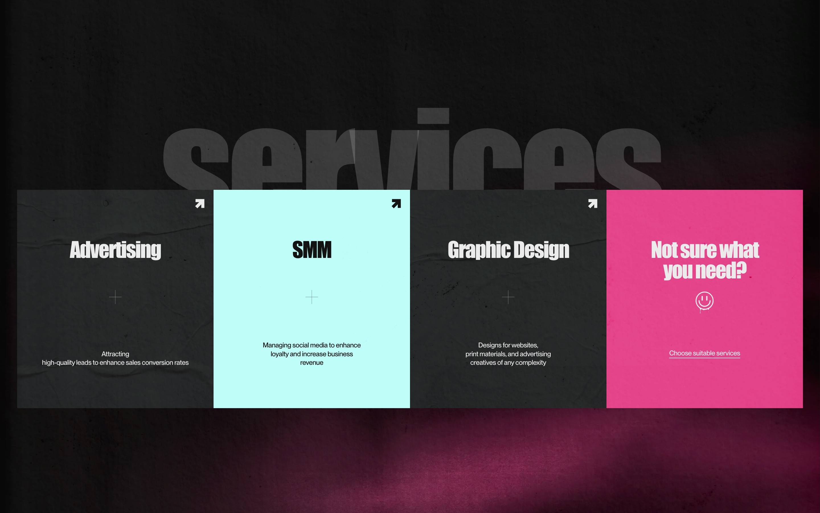 Four service cards: Advertising, SMM, Graphic Design, and "Not sure what you need?" on a dark background with "services" text behind.
