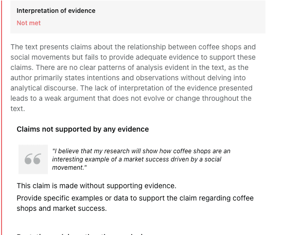 thesify report section titled Interpretation of evidence marked Not met with a note that claims lack supporting data