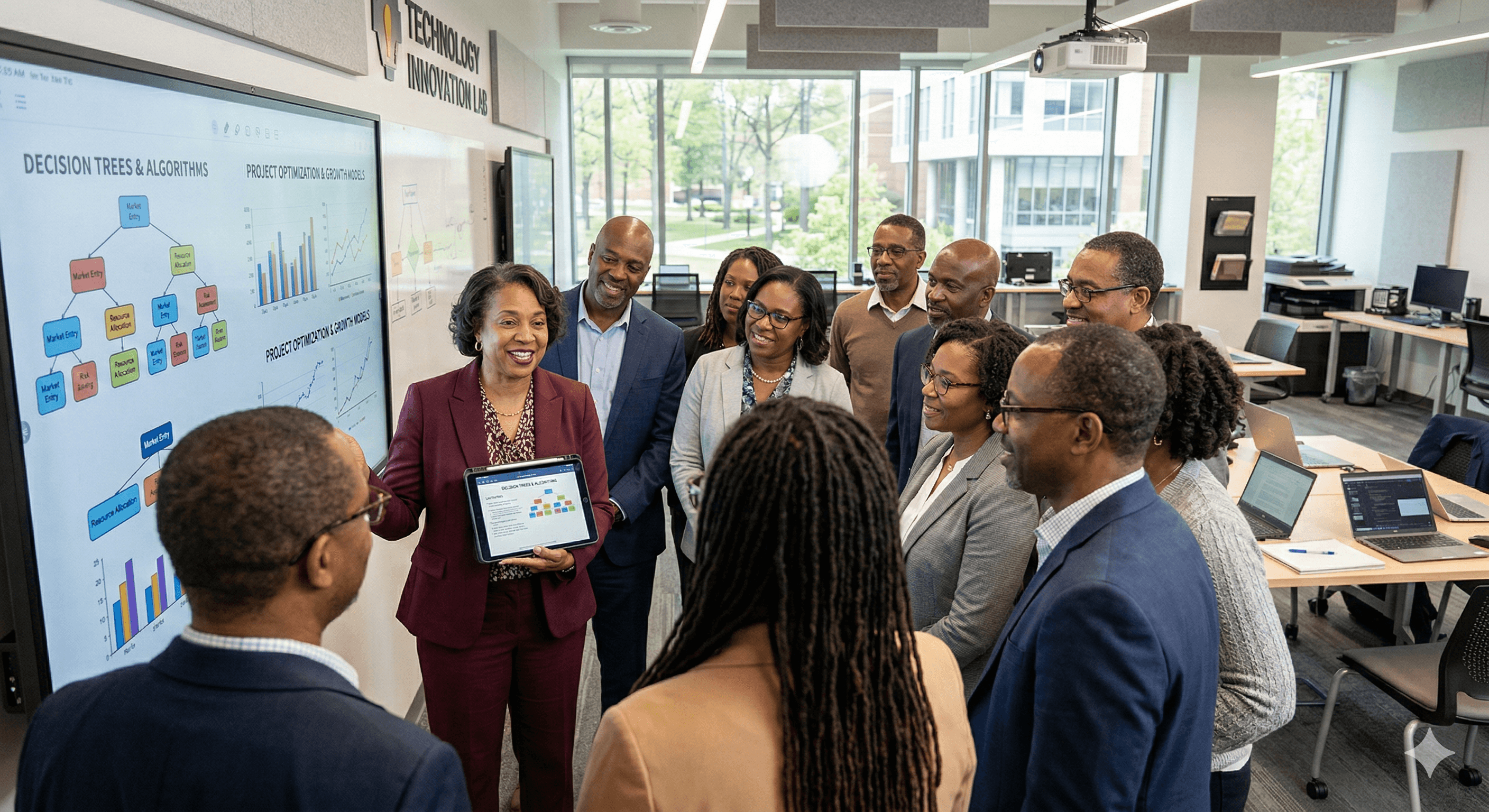 A group of black faculty members in a technology learning center