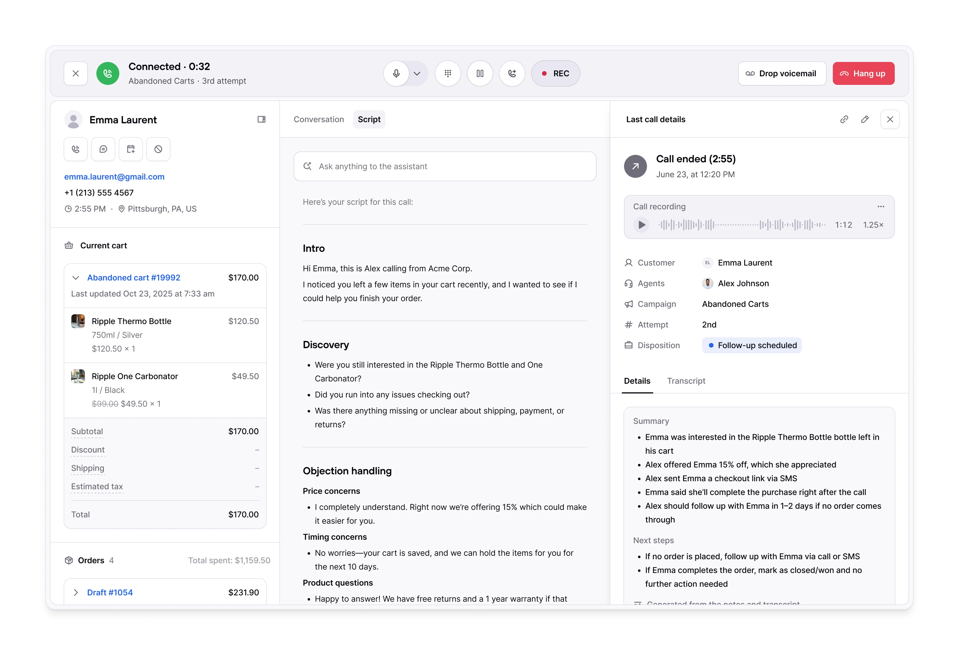 Consio power dialer interface showing a live outbound call with full Shopify customer context, abandoned cart details, campaign script with objection handling, and AI-generated call summary with next steps.