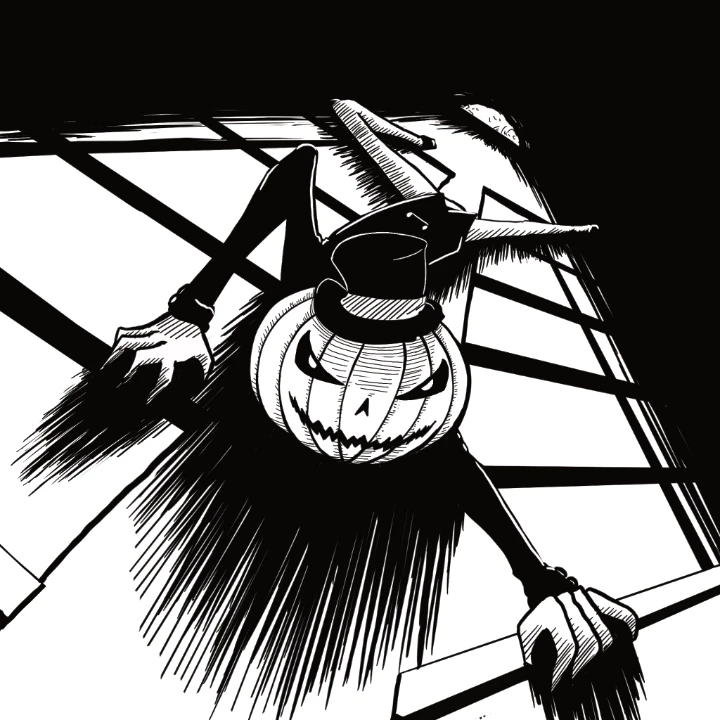 Digital ink drawing of thin creature with a pumpkin head crawling up the facade of a building.